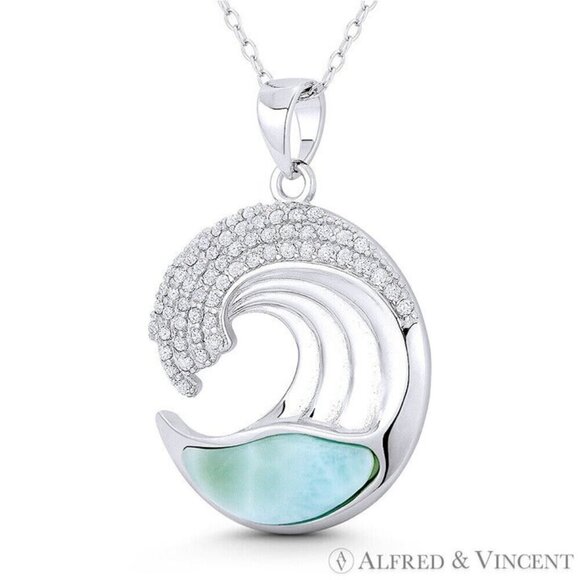 Sea wave Surfer Lab-Created Chalcedony CZ Crystal Pendant in 925 Sterling Silver - Picture 1 of 1